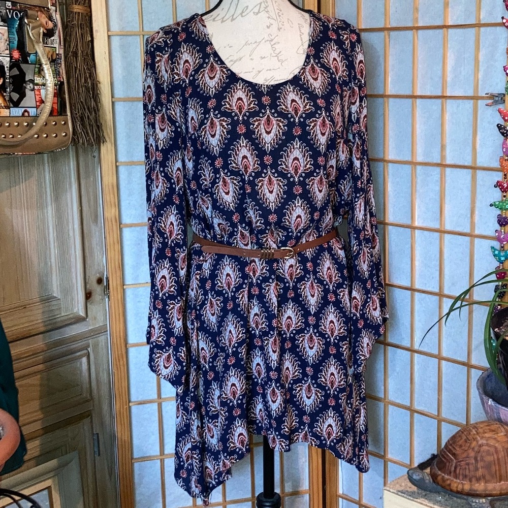 Boho Hippie Paisley Feather Motif Rayon Long Sleeve Dress by Mossimo - Picture 2 of 8